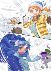  2boys 2girls blue_coat blue_hair blue_hat blue_scarf blue_sweater breasts brother_and_sister brown_coat brown_eyes brown_gloves coat commentary emphasis_lines fur-trimmed_headwear fur_trim glasses gloves grey_hat grey_scarf grin hat hood hood_down hooded_jacket horns jacket large_breasts long_hair long_nose mask mouth_mask multiple_boys multiple_girls nami_(one_piece) one_piece open_clothes open_jacket open_mouth orange_hair page_one_(one_piece) pink_eyes purple_hair raine_(acke2445) santa_hat scarf siblings smile snow snowball snowball_fight sweater symbol-only_commentary ulti_(one_piece) upper_body usopp winter_clothes yellow_jacket 