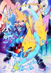 025aki 1girl 3boys absurdres aqua_eyes armor armored_boots azure_striker_gunvolt azure_striker_gunvolt_1 black_eyes black_hair blonde_hair blue_eyes boots braid bug butterfly close-up commentary crossover dated electricity from_behind from_side full_body giovanni_(pokemon) gradient_background gunvolt hair_between_eyes hair_ornament hairclip highres holding holding_poke_ball jewelry long_coat long_hair looking_at_viewer looking_back looking_to_the_side lumen_(gunvolt) manectric midriff multiple_boys necklace nova_(gunvolt) open_mouth poke_ball poke_ball_(basic) pokemon pokemon_(creature) red_eyes signature single_braid smile traditional_media trait_connection 