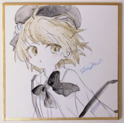  1girl absurdres beret black_bow black_hat blush bow brown_eyes brown_hair collared_shirt commentary_request dress_shirt flower hair_flower hair_ornament hat hatoba_tsugu highres parted_lips photo_(medium) sha2mo shikishi shirt signature solo suspenders traditional_media tsugu_(vtuber) virtual_youtuber white_flower white_shirt 