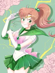  1girl artist_name bishoujo_senshi_sailor_moon bow brown_hair choker cowboy_shot earrings elbow_gloves flower gloves green_background green_choker green_eyes green_sailor_collar green_skirt hair_bobbles hair_ornament highres jewelry kino_makoto long_hair looking_at_viewer magical_girl ponytail rose sailor_collar sailor_jupiter sailor_senshi_uniform shiiba_itsuki skirt smile tiara white_gloves 