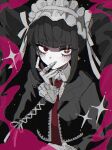  1girl black_background blush celestia_ludenberg collared_shirt covered_mouth covering_mouth danganronpa:_trigger_happy_havoc danganronpa_(series) drill_hair earrings frilled_jacket frills grey_shirt hand_over_own_mouth hand_up headdress jacket jewelry long_hair long_sleeves necktie open_clothes open_jacket pale_skin red_eyes red_necktie shirt solo tabun_ningen twin_drills twintails upper_body 