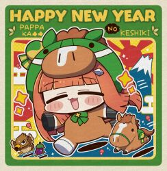  1girl :3 :d animal_costume bird blunt_bangs blush_stickers bow bowtie chibi chibi_only closed_eyes commentary_request eagle eggplant full_body green_bow green_bowtie highres horse_costume long_hair marimarimo open_mouth orange_hair outline silence_suzuka_(umamusume) smile solo sparkle umamusume white_outline 