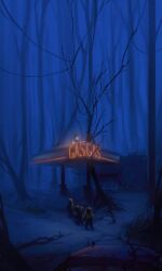  3others car commentary english_commentary english_text forest full_body gas_station glowing hazmat_suit highres motor_vehicle multiple_others nature neon_lights night original outdoors overgrown snow toebeez tree wide_shot winter 