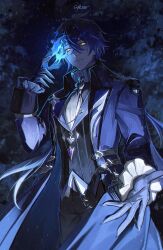  1boy absurdres ascot black_vest blue_coat blue_fire blue_gloves capelet coat collared_capelet commentary_request double-parted_bangs fire flins_(genshin_impact) frilled_sleeves frills genshin_impact gloves hair_between_eyes highres lapels long_sleeves looking_at_viewer male_focus moonya outstretched_hand sleeve_cuffs solo v vest white_ascot yellow_eyes 