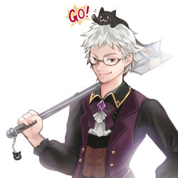 1boy alternate_color animal_on_head arch_bishop_(ragnarok_online) black-framed_eyewear black_cat black_shirt bow bowtie brown_eyes cat cat_on_head closed_mouth collared_shirt commentary_request glasses gobaku_no_hito grey_hair holding holding_mace holding_weapon looking_at_viewer lowres mace male_focus on_head purple_bow purple_bowtie purple_vest ragnarok_masters ragnarok_online semi-rimless_eyewear shirt short_bangs short_hair simple_background smile solo under-rim_eyewear upper_body vest weapon white_background 