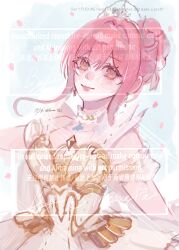  1girl absurdres armor artist_name bare_shoulders blue_background border breastplate brown_eyes choker closed_mouth collarbone commentary cowboy_shot detached_sleeves dress earrings english_commentary eyelashes frilled_choker frills gold_earrings hair_between_eyes hair_bun hair_intakes happy highres infinity_nikki jewelry light_blush lipstick looking_at_viewer makeup melody_bloom_(infinity_nikki) nikki_(nikki) nikki_(series) outside_border petals pink_hair pink_lips pleated_dress preana see-through_clothes see-through_sleeves short_hair_with_long_locks short_sleeves sidelocks single_hair_bun sleeveless sleeveless_dress smile solo tiara too_many_watermarks watermark white_arm_warmers white_border white_choker white_dress white_sleeves 