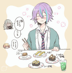  1girl 2boys :3 blue_streaks blush cardigan chopsticks closed_mouth collarbone collared_shirt commentary corn cup diagonal-striped_clothes diagonal-striped_necktie dress_shirt drinking_glass facing_viewer fish_(food) flower_symbol food food_name green_cardigan grey_hair gunkanmaki hair_between_eyes hamburger_steak happy hina_(matsurika) holding holding_chopsticks kamishiro_rui kamiyama_high_school_uniform_(project_sekai) kusanagi_nene long_hair loose_necktie male_focus meatball melon_soda multiple_boys necktie nigirizushi omelet open_cardigan open_clothes orange_hair project_sekai purple_hair red_necktie school_uniform shirt short_hair speech_bubble striped_clothes sushi symbol-only_commentary tamagoyaki tenma_tsukasa translation_request white_shirt 