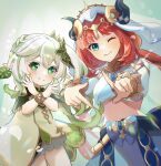  2girls 3sat0 ;) aqua_eyes bloomers blue_gemstone blue_skirt braid breasts circlet closed_mouth commentary_request crop_top cross-shaped_pupils detached_sleeves dress fake_horns finger_frame gem genshin_impact gold_choker gold_trim gradient_hair green_eyes green_hair green_sleeves hair_ornament harem_outfit horns leaf_hair_ornament long_hair looking_at_viewer medium_breasts multicolored_hair multiple_girls nahida_(genshin_impact) nilou_(genshin_impact) one_eye_closed pointy_ears pose_imitation redhead side_braid side_ponytail sidelocks simple_background skirt sleeveless sleeveless_dress smile symbol-shaped_pupils twintails veil white_bloomers white_dress white_hair white_headwear white_sleeves 