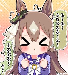  1girl animal_ears blush bow bowtie brown_hair chibi chibi_only clenched_hands closed_eyes commentary_request double-parted_bangs flying_sweatdrops hands_up highres horse_ears horse_girl kyou_(fr39) long_hair long_sleeves multicolored_hair outline polka_dot polka_dot_background puff_of_air purple_sailor_collar purple_shirt sailor_collar satono_diamond_(umamusume) school_uniform serafuku shirt solo speech_bubble tracen_school_uniform translation_request twitter_username two-tone_hair umamusume upper_body white_bow white_bowtie white_hair white_outline winter_uniform 