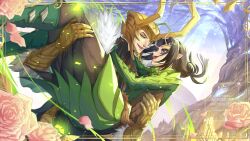  1boy 1girl :d alien antennae black_hair blue_eyes blue_sky boots brown_leggings carrying castle commentary couple fake_horns floating_hair flower fur-trimmed_gloves fur_trim gloves gold_gloves gold_helmet green_boots green_eyes guardians_of_the_galaxy hashtag-only_commentary helmet hetero highres horned_helmet horns leggings loki_(marvel) long_hair looking_at_another low-tied_long_hair mantis_(marvel) marvel marvel_rivals milord_jz open_mouth pink_flower pink_petals pink_rose pointy_ears princess_carry rose sky smile symbol-only_commentary thor_(marvel)_(series) yggdrasil 
