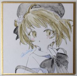  1girl absurdres ahoge beret black_bow black_hat blush bow brown_eyes brown_hair collared_shirt commentary_request flower hair_flower hair_ornament hat hatoba_tsugu highres parted_lips photo_(medium) sha2mo shikishi shirt signature solo suspenders traditional_media tsugu_(vtuber) virtual_youtuber white_flower white_shirt 