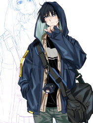  1boy absurdres alternate_costume aqua_jacket bag black_bag black_hair black_shirt blue_hood blue_jacket blunt_ends blush casual choppy_bangs closed_mouth contemporary dintoge fingernails genshin_impact green_pants hand_in_pocket hand_up highres hood hood_up hooded_jacket jacket looking_at_viewer male_focus open_clothes open_jacket pants scaramouche_(cat)_(genshin_impact) scaramouche_(genshin_impact) shirt shoulder_bag sleeves_past_wrists solo stuffed_toy sweatdrop two-sided_fabric two-sided_hood two-sided_jacket undershirt violet_eyes white_background zoom_layer 