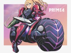  1girl arm_cannon armor blonde_hair commentary_request copyright_name helmet high_ponytail highres holding holding_unworn_helmet metroid metroid_prime_4:_beyond motor_vehicle motorcycle on_motorcycle pechamaju pink_visor ponytail power_armor power_suit_(metroid) samus_aran smile solo two-tone_armor unworn_headwear unworn_helmet v-shaped_eyebrows vi-o-la_suit weapon 