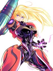  1girl absurdres arm_cannon armor artist_name blonde_hair blue_eyes highres klixxxx long_hair metroid metroid_prime_4:_beyond power_armor power_suit_(metroid) samus_aran simple_background smile two-tone_armor vi-o-la_suit weapon white_background 