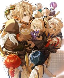  5girls 6+boys absurdres aged_down albedo_(genshin_impact) animal baby barbara_(genshin_impact) bennett_(genshin_impact) bird black_dress black_gloves black_hair blonde_hair blue_eyes bow brown_hood brown_shirt carrying carrying_baby carrying_person child commentary crescent_(cgcrescent) diluc_(genshin_impact) dress english_commentary fischl_(genshin_impact) genshin_impact gloves goggles goggles_on_head green_eyes grey_eyes hair_over_one_eye highres jean_(genshin_impact) kaeya_(genshin_impact) klee_(genshin_impact) long_hair multiple_boys multiple_girls ponytail purple_bow purple_hair razor_(genshin_impact) red_hair rosaria_(genshin_impact) shirt short_hair short_twintails sword twintails varka_(genshin_impact) weapon white_background white_hair white_shirt wooden_sword 