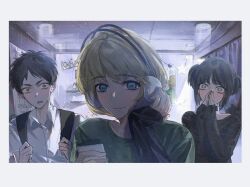  1girl 2boys alternate_universe armin_arlert backpack bag black_background black_hair black_shirt blonde_hair blue_eyes blush border brown_hair collared_shirt eren_yeager green_shirt hand_on_headphones headphones highres holding holding_phone laicuihu666 mikasa_ackerman multiple_boys official_alternate_costume own_hands_together phone school shingeki_no_kyojin shirt short_hair short_twintails sleeves_past_wrists smile sweat twintails upper_body white_border white_shirt wide-eyed 