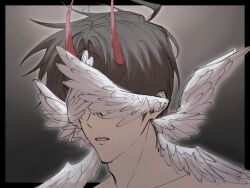 1boy black_border black_hair border cnk_0_0 covered_eyes demon_horns feathered_wings hashtag-only_commentary head_wings highres horns kim_dokja male_focus multiple_wings omniscient_reader's_viewpoint outside_border parted_lips portrait short_hair solo white_wings wings 