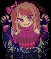 1girl adversarial_noise breasts brown_hair chara_(shiftfell) chara_(undertale) detached_sleeves ear_piercing earrings english_text eyebrows_visible_through_hair fingerless_gloves gloves heart heart_in_eye highres jacket jewelry looking_at_viewer medium_breasts mr0x0 nail_polish off-shoulder_sweater off_shoulder open_clothes open_jacket open_mouth piercing pink_eyes purple_nails purple_sleeves purple_sweater smile sweater symbol_in_eye teeth turtleneck turtleneck_sweater twitter_username undertale utdr_(toby_fox)
