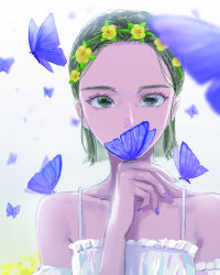  1girl blue_butterfly blue_nails blurry blurry_foreground bug butterfly camisole commentary_request harudon23 head_wreath highres looking_at_viewer original short_hair solo white_camisole 
