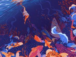  1girl animal barefoot blue_scales brown_hair commentary coral dress english_commentary fish floating from_behind from_below jdebbiel limited_palette manta_ray ocean orange_background orange_scales original outdoors outstretched_hand procreate_(medium) reflection sleeveless sleeveless_dress solid_circle_eyes solo squid too_many too_many_fish underwater water white_dress 