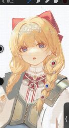  1girl :o art_program_in_frame blue_eyes bow braid coat hair_bow highres kiperina long_hair low_twin_braids official_alternate_costume open_mouth procreate_(medium) procreate_(software) red_bow reverse:1999 screenshot shirt solo twin_braids upper_body white_background white_coat white_shirt xjsbca 