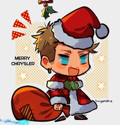  1boy absurdres animification aqua_eyes artist_name blonde_hair blush_stickers breaking_bad christmas coat commentary english_commentary english_text full_body fur-trimmed_coat fur_trim hat highres holding holding_sack huyandere jesse_pinkman male_focus meme merry_christmas mistletoe open_mouth padoru_(meme) red_coat sack santa_costume santa_hat short_hair solo star_(symbol) white_fur 