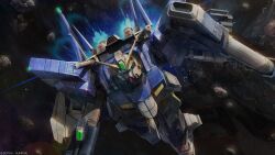  absurdres asteroid copyright_notice earth_federation gundam gundam_battle_operation_2 gundam_silhouette_formula_91 highres machinery mecha mecha_focus mobile_suit neo_gundam no_humans painting_(medium) promotional_art realistic robot scan science_fiction space sunrise_(company) tenjin_hidetaka thrusters traditional_media v-fin zero_gravity 