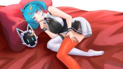  1girl absurdres ahoge asymmetrical_legwear bed belt black_skirt black_top blue_hair blush cat_mask esteban_(estebaneishon) futuristic_outfit hair_ornament hairclip headset highres indie_virtual_youtuber lightning_bolt_symbol looking_at_viewer lying mask michi_(vtuber) microphone mismatched_legwear multicolored_hair number_print on_bed pillow red_sheets short_hair skirt sleeveless sleeveless_turtleneck smile solo thigh-highs turtleneck virtual_youtuber 