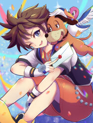  1boy :d absurdres animal bird blue_background blue_eyes brown_hair chain chain_necklace commentary_request dog dog_(duck_hunt) duck duck_(duck_hunt) duck_hunt envelope fingerless_gloves gloves highres holding holding_envelope holding_letter jacket jewelry kingdom_hearts letter looking_at_another looking_at_viewer necklace norimaki_(nrmk_norinori) one_eye_closed open_clothes open_jacket open_mouth shoes short_hair smile sora_(kingdom_hearts) spiky_hair super_smash_bros. white_gloves yellow_shoes 