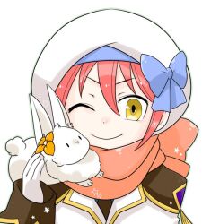  1boy animal_on_shoulder blue_bow bow brown_cape cape closed_mouth commentary_request genetic_(ragnarok_online) gloves hat hat_bow jacket looking_at_viewer male_focus oekakipikki official_alternate_costume one_eye_closed orange_scarf pink_hair portrait rabbit ragnarok_online scarf short_hair simple_background smile solo tam_(ragnarok_online) v-shaped_eyebrows white_background white_gloves white_hat white_jacket yellow_eyes 