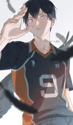  1boy absurdres black_feathers black_hair blue_eyes closed_mouth collared_shirt commentary_request falling_feathers feathers haikyuu!! hair_between_eyes highres kageyama_tobio karasuno_volleyball_uniform looking_at_viewer male_focus shirt short_hair simple_background solo sportswear sua_lucid sweat twitter_username upper_body volleyball_uniform white_background 
