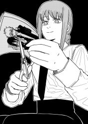  1boy 2girls arm_around_shoulder black_background black_necktie black_pants braid breasts chainsaw_man closed_mouth collared_shirt commentary_request couple cutting denji_(chainsaw_man) fujimoto_tatsuki_(style) gakuran greyscale hetero highres holding holding_photo holding_scissors light_smile long_hair makima_(chainsaw_man) medium_breasts monochrome multiple_girls necktie open_mouth pants photo_(object) reze_(chainsaw_man) ringed_eyes rkun_pixiv school_uniform scissors shirt sidelocks single_braid smile v white_shirt yandere 