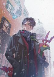  2boys antennae black_scarf black_shirt building closed_mouth coat commentary cowboy_shot froslass highres kitsune_(ly_howe) lapels long_sleeves looking_to_the_side male_focus multiple_boys naveen_(pokemon) notched_lapels outdoors pokemon pokemon_(creature) pokemon_legends:_z-a purple_hair round_eyewear scarf scolipede shirt short_hair sideways_glance smile snowing solo_focus symbol-only_commentary tassel vanillite watermark winter yellow_eyes 