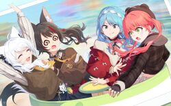  4girls :d :q @_@ absurdres ahoge animal_ear_fluff animal_ears aran_sweater arms_up black_hair blue_eyes blue_hair brown_cardigan cable_knit cardigan closed_eyes earrings fingerless_gloves fox_ears fox_girl fox_tail gloves green_eyes hair_ribbon highres hololive hoshimachi_suisei hoshimachi_suisei_(micomet) jacket jewelry multicolored_nails multiple_girls necktie official_alternate_costume ookami_mio ookami_mio_(10th_costume) pink_hair plaid_clothes plaid_jacket red_cardigan ribbon sakura_miko sakura_miko_(micomet) scared shirakami_fubuki shirakami_fubuki_(11th_costume) skirt smile spinning_teacup spiral-only_eyes sukonbu_(shirakami_fubuki) sweater tail tang-du tearing_up tongue tongue_out virtual_youtuber wavy_mouth white_hair white_sweater wolf_ears wolf_girl yellow_necktie 