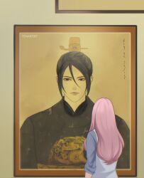  1boy 1girl alternate_costume alternate_hairstyle artist_name back black_hair black_hanfu blue_shirt character_name chinese_clothes closed_mouth commentary english_commentary hair_between_eyes hanfu haruno_sakura highres looking_ahead naruto_(series) painting_(object) pink_hair portrait_(object) sepia shirt sleeves_rolled_up tenartistt uchiha_sasuke upper_body vest white_vest xiao_guan_(headdress) yuanlingpao 