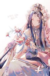  1boy absurdres black_hair blue_capelet brooch bug butterfly capelet chayaji chinese_commentary closed_eyes closed_mouth commentary_request curtained_hair dated expressionless eyeshadow facial_mark farewell_my_concubine_(the_tale_of_food) feet_out_of_frame flower forehead_mark hair_ornament headdress highres holding holding_flower jewelry long_hair long_sleeves makeup male_focus nail_polish parted_bangs peking_opera pom_pom_(clothes) pom_pom_hair_ornament poppy_(flower) red_eyeshadow red_flower red_nails red_robe red_veil robe simple_background sitting solo tassel the_tale_of_food veil white_background white_butterfly wide_sleeves 