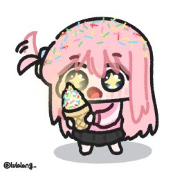  +_+ 1girl :o black_skirt blue_eyes bocchi_the_rock! chibi chibi_only drooling food full_body gotoh_hitori hair_sprinkles hair_wagging highres holding holding_food holding_ice_cream holding_ice_cream_cone ice_cream ice_cream_cone jacket long_hair looking_at_viewer lulalang one_side_up open_mouth pink_hair pink_jacket saliva simple_background skirt solo sprinkles standing surprised white_background 