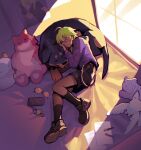  1boy bed dog ezreal green_hair heartsteel_ezreal highres league_of_legends pants phone poster_(object) purple_sweater short_hair shorts sleeping stuffed_toy sudo_(pseudostars) sunglasses sweater 