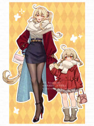 2girls ahoge alice_(genshin_impact) bag bare_legs belt black_footwear black_skirt blonde_hair boots bow braid child closed_mouth coat elf eyebrows_visible_through_hair fluffy fur_boots fur_trim genshin_impact hair_ornament hair_vents hand_holding handbag high_heels highres klee_(genshin_impact) long_hair long_sleeves looking_at_another mother_and_daughter ojo_aa one_eye_closed open_mouth pantyhose patterned_background pencil_skirt petticoat pink_bow pointy_ears pom_poms ponytail puffy_long_sleeves puffy_sleeves red_bow red_coat red_sleeves ruffles scarf side_ponytail skirt smile stuffed_animal stuffed_toy twin_braids white_shirt wink