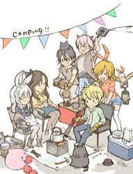  3boys 3girls :3 alternate_costume animal_ears animal_on_head animal_on_lap apple bird black-framed_eyewear black_cat black_hair blonde_hair blue_pants blue_shirt blue_shorts blue_skirt boots brown_gloves brown_hair brown_jacket brown_shirt camping cat cat_on_head chair closed_eyes closed_mouth coffee coffee_maker commentary_request contemporary cooler cup deviruchi eagle eating food fruit full_body glasses gloves gobaku_no_hito grey_pants highres jacket lantern log long_hair looking_at_another lunatic_(ragnarok_online) mosquito_coil mug multiple_boys multiple_girls on_head on_lap open_clothes open_jacket open_mouth orange_shirt outdoors pants pink_hair pointy_ears polearm poring rabbit rabbit_ears rabbit_girl ragnarok_masters ragnarok_online sandwich_maker shirt short_hair shorts sitting skirt slime_(creature) smile standing streamers table teapot thigh-highs trident weapon white_background white_thighhighs 