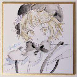  1girl absurdres beret black_bow black_hat blush bow brown_eyes brown_hair collared_shirt commentary_request dress_shirt flower hair_flower hair_ornament hat hatoba_tsugu highres looking_at_viewer parted_lips photo_(medium) sha2mo shikishi shirt signature solo suspenders traditional_media tsugu_(vtuber) upper_body virtual_youtuber white_flower white_shirt 