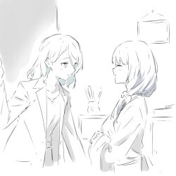  2girls aged_up bang_dream! greyscale hair_ornament hair_scrunchie highres hikawa_sayo indoors jacket kanade_(kanade_3344) long_hair long_sleeves low_side_ponytail medium_hair monochrome multiple_girls open_clothes open_jacket scrunchie shirokane_rinko shirt 