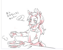  1girl ahoge animal_ears apron bangs_pinned_back beer_hsk character_request check_character commentary_request cooking eggshell eighth_note frying_pan horse_ears horse_girl horse_tail long_sleeves low_ponytail monochrome musical_note nakayama_festa_(umamusume) notice_lines ponytail shirt simple_background solo spoken_musical_note tail translation_request umamusume upper_body white_background 
