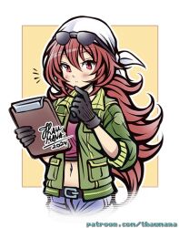  1girl artist_name bandana belt black_gloves blush eiyuu_densetsu eyewear_on_head gloves green_jacket headscarf highres jacket jingo_(eiyuu_densetsu) long_hair navel red_hair sen_no_kiseki_(series) short_shorts shorts simple_background sunglasses thaumana white_headscarf 