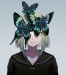  1girl absurdres black_shirt bug butterfly butterfly_on_face butterfly_over_eye closed_mouth collarbone expressionless facing_viewer gradient_background green_butterfly green_eyes green_hair grey_hair gumi highres light_particles one_eye_covered sailor_collar shirt short_hair simple_background solo upper_body vocaloid waterlily white_background 