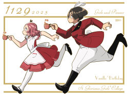  2girls adapted_costume alice's_adventures_in_wonderland alice_(alice_in_wonderland) alice_(alice_in_wonderland)_(cosplay) animal_ears aoneco apron artist_name back_bow birthday black_boots black_choker black_hair black_shoes boots bow character_name choker closed_mouth commentary copyright_name cosplay cup cursive dated dress earrings english_text fake_animal_ears fake_tail flats from_side girls_und_panzer holding holding_cup jacket jewelry long_sleeves medium_dress medium_hair multiple_girls pants rabbit_ears rabbit_tail red_dress red_hair red_jacket rosehip_(girls_und_panzer) running shoes short_hair short_sleeves signature stud_earrings tail tea teacup vanilla_(girls_und_panzer) white_apron white_bow white_pants white_rabbit_(alice_in_wonderland) white_rabbit_(alice_in_wonderland)_(cosplay) 