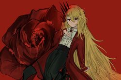  1girl ascot black_pants blonde_hair brown_corset closed_mouth coat corset don_quixote_(project_moon) eyelashes flower hair_flower hair_ornament highres limbus_company long_hair open_clothes open_coat pants project_moon red_background red_coat red_eyes red_flower red_rose rose rugatu_to sancho_(project_moon) shirt simple_background solo standing very_long_hair white_ascot white_shirt 