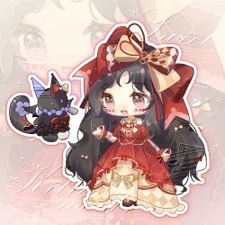  1girl absurdly_long_hair argyle_bow argyle_bowtie argyle_clothes argyle_dress black_hair bow bowtie brooch brown_eyes brown_shoes chibi chinese_commentary commentary_request crimson_rhapsody_(infinity_nikki) downturned_eyes dress esseling_(infinity_nikki) facepaint felispirit_sack_(infinity_nikki) footwear_bow frilled_dress frilled_sleeves frilled_wrist_cuffs frills hair_bow hair_ribbon happy heart heart_brooch high_heels hime_lolita infinity_nikki jewelry lanlan_zhi_jiabing large_bow layered_dress light_blush light_particles lolita_fashion long_hair looking_ahead multiple_hair_bows nikki_(series) off-shoulder_dress off_shoulder open_mouth outline outstretched_hand pleated_dress puffy_short_sleeves puffy_sleeves red_bow red_bowtie red_dress red_ribbon red_wrist_cuffs ribbon sample_watermark shoes short_sleeves smile sparkle standing too_many_watermarks two-tone_bow two-tone_bowtie two-tone_ribbon very_long_hair watermark wavy_hair white_outline wrist_cuffs yellow_background yellow_bow yellow_bowtie yellow_dress yellow_ribbon zoom_layer 