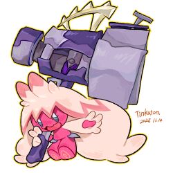  1girl arm_up character_name colored_skin commentary dated flat_chest foreigner_(pixiv_119387446) full_body grey_eyes hammer happy highres holding holding_hammer holding_weapon huge_weapon looking_at_viewer multicolored_hair multicolored_skin open_mouth outline outstretched_arm pink_hair pink_skin pokemon pokemon_(creature) sidelocks simple_background smile solo streaked_hair tinkaton two-tone_hair two-tone_skin v weapon white_background white_hair white_skin yellow_outline 