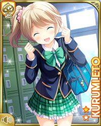  1girl ^_^ bow bowtie brown_hair cardigan closed_eyes eto_kurumi girlfriend_(kari) green_bow green_bowtie green_eyes green_skirt hair_ornament hair_scrunchie jacket looking_at_viewer miniskirt official_art plaid_clothes plaid_skirt pleated_skirt qp:flapper school_uniform scrunchie shirt side_ponytail skirt smile solo standing white_shirt yellow_cardigan 